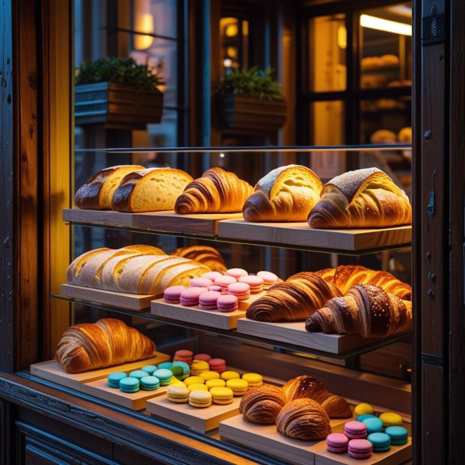 Warmly lit shelves stacked with rustic loaves and rolls